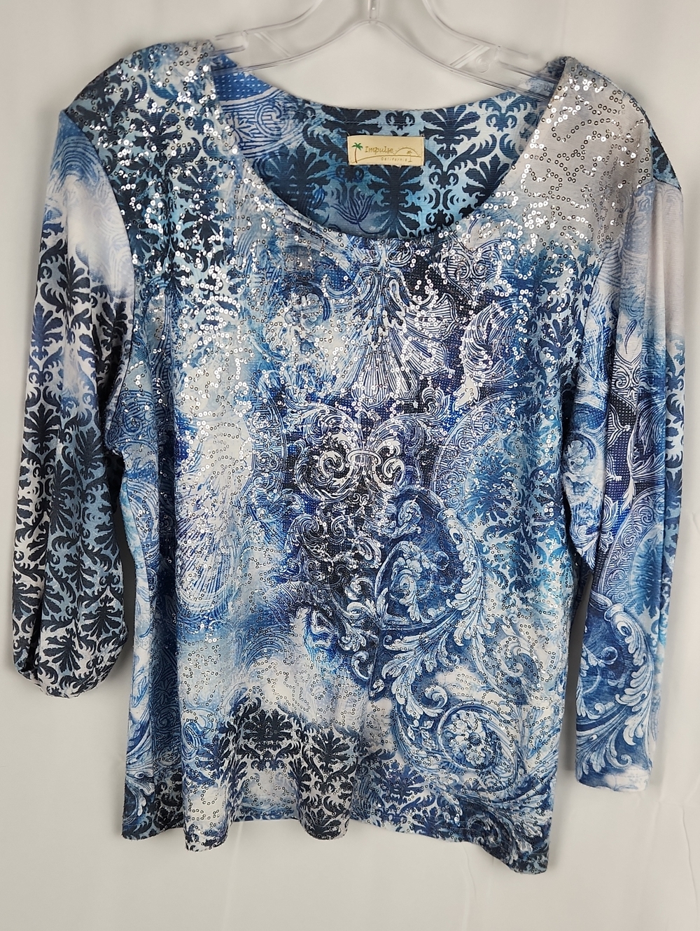 Tropical Blue Sequin-Accent Scoop Neck Long Sleeve Top
